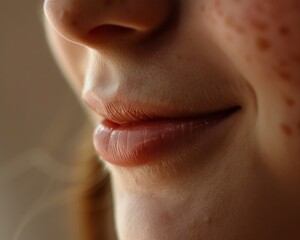 Close-up of a woman's smiling mouth and nose with freckles.