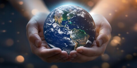 Fototapeta premium Two hands carefully hold a detailed globe of the Earth as gentle lights form a dreamy background, symbolizing global responsibility, unity, and the fragility of our planet.
