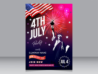 4th of July, USA Independence day greeting on the blue banner template. City Illustration blue colors of the American flag with star and stripe ribbon. Vector illustration.