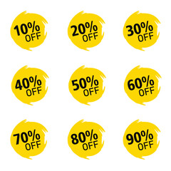 Discounts numbers of percent sign in yellow and black colors isolated on white background, from 10% to 90% discounts.