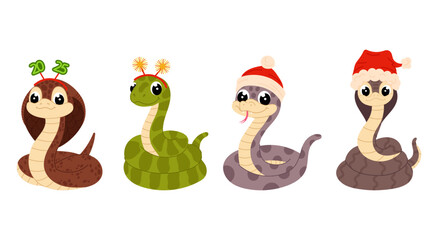 Set illustrations of snakes in flat style on a white background. Symbol of 2025. Chinese New Year 2025. Cartoon snakes wearing Christmas hats.
