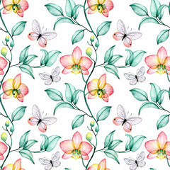 watercolor seamless pattern with transparent orchid flowers and butterflies. tropical print, x-ray