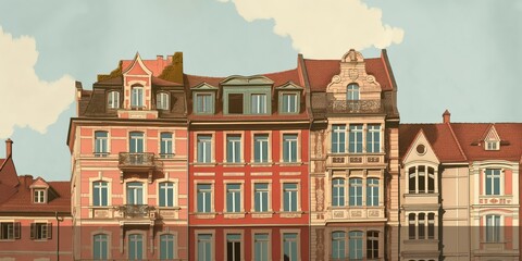 Fototapeta premium An artistic illustration of a row of elegant and colorful townhouses, adorned with elaborate architectural details, reflecting a historical and charming residential area.