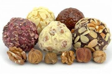 Assorted chocolate truffles with nut and caramel coatings, perfect for a rich and indulgent dessert experience