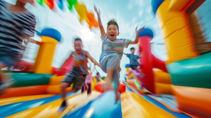 A blurred background of multicolor bounce houses and bouncy castles adding to the energetic chaos and excitement of a group of children jumping for joy. .