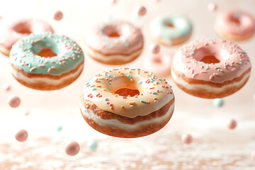 Flying colorful donuts with sprinkles on peach background. National Donut Day. Copy space