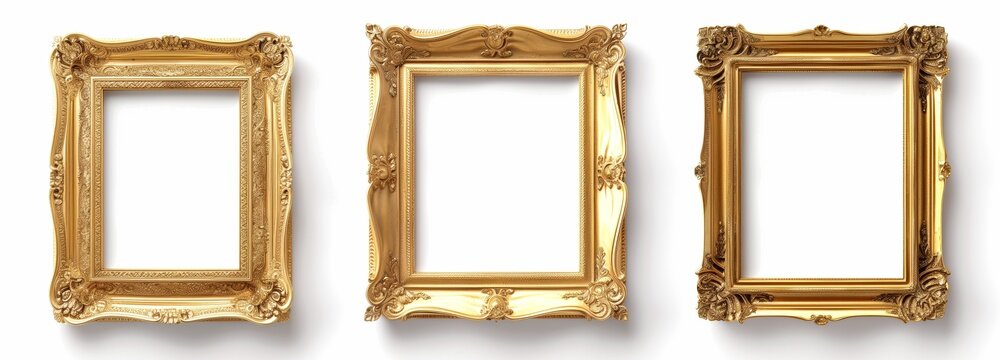 3 إطارات ذهبية للصور بخلفية بيضاء، بدون ظلال