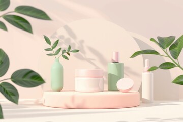 3D Cartoon Illustration of Skincare Products on Pedestal With Natural Greenery