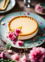 looking down plate of cheesecake, pink flowers everywhere, vintage look, cinematic lighting, food photography, beautiful, delicious food, recipe photography, realistic, natural light, colorful, food a