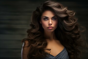 Fototapeta premium Portrait of a stunning woman with voluminous, windswept hair and striking gaze