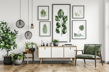 A stylish living room featuring black-framed plant prints, white furniture, and green plants, creating a calm and natural atmosphere