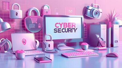 This image showcases a vibrant 3D illustration focused on cyber security, featuring a computer screen with the term 'CYBER SECURITY' and various digital security icons
