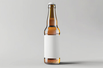 Fototapeta premium Amber glass beer bottle with blank white label, mockup for your packaging design presentation, against a neutral grey background