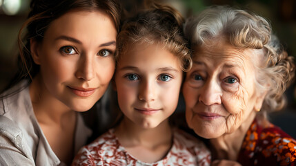Fototapeta premium Portrait generational of women, A little girl, adult woman and eldery woman smiling and looking at camera. Children, Adult, Eldery. Motherhood, Happy mothers day celebration