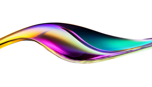 Abstract liquid glass shape with colorful reflections. Ribbon of curved water with glossy color wavy fluid motion. Chromatic dispersion flying and thin film spectral effect.