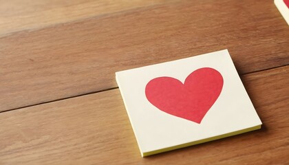 Red heart on a white note on a wooden table texture, a romantic symbol of passion and love