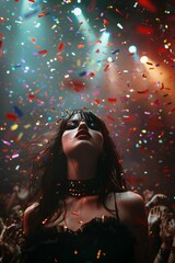 Portrait of a brunette Goth style inspired woman, fashion and make-up shoot at live concert. Gothic, Goth, Emo, New Wave, Dark style fashion. Dark smokey make-up, red lipstick. Dramatic. Elegant.