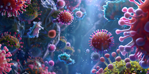 Virus assembly a microscopic view of viral particles floating and fighting the body.