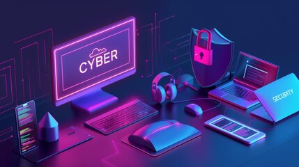 An illustration showcasing cyber security elements with glowing neon accents on a dark backdrop Icons and text connote digital protection themes