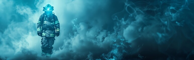 Fototapeta premium Firefighter in full gear walking through smoke on a dark background with a copy space banner design. A high resolution