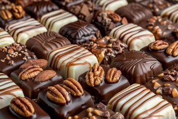 Obraz premium Assorted chocolate pralines with nut and caramel toppings, perfect for a rich and delightful dessert experience
