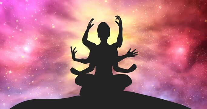 Silhouette of a multi-armed meditating girl with six arms, in the Lotus position. Happy relaxed female character performing meditation exercise. Deep space background