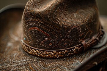 Delve into the artistry of cowboy hat craftsmanship with a focus on detailed stitching and hatband design, showcasing the intricate details that exemplify Western style and tradition.