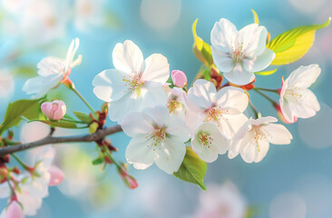 Obraz premium White and pink cherry flowers in the background of a bright spring blue sky