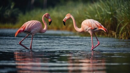 two beautiful flamingos over the lake