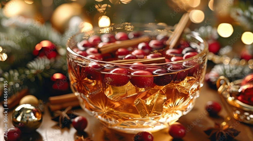 Wall mural a festive holiday punch bowl adorned with floating cranberries and cinnamon sticks. - Wall murals