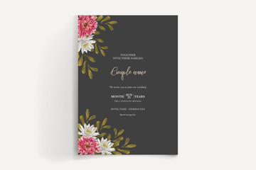 WEDDING INVITATION FRAME WITH FLOWER DECORATIONS AND FRESH LEAVES 