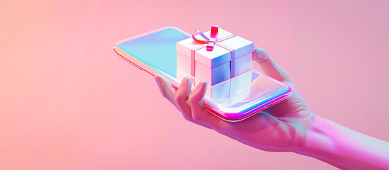 hand holding a gift box emerging from a smartphone screen essence of gift e commerce and online shopping