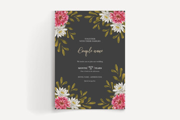 WEDDING INVITATION FRAME WITH FLOWER DECORATIONS AND FRESH LEAVES 