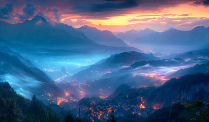 Aerial view of volcano crater lava with steam, lava river in a valley