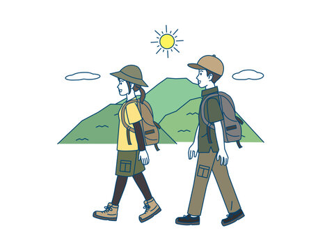 hikers walking, green mountains, sunny day clip art preview