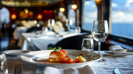 Gourmet cuisine presentation in a cruise ships top-rated restaurant, culinary excellence