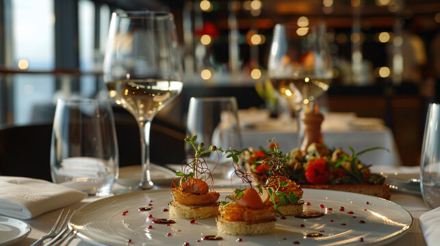 Gourmet cuisine presentation in a cruise ships top-rated restaurant, culinary excellence