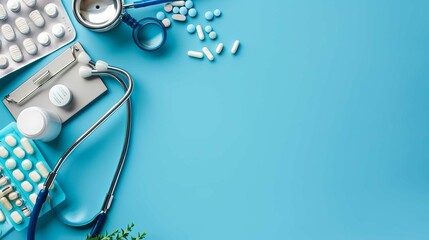 A blue background with a doctor's bag and a tray of pills medical background with copyspace