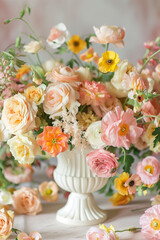 Beautiful bouquet of pink, white and orange roses, peonies, ranunculus and various flowers in a white ceramic vintage vase