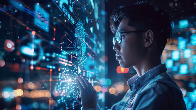 Futuristischer Businessmann steht vor einer digitalen Anzeige