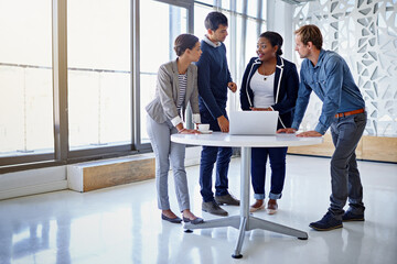 Fototapeta premium Business people, teamwork and cooperation with laptop, brainstorming and professional in modern office. Staff, employees and coworkers with ideas, collaboration and diversity with project and startup