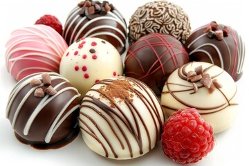 Obraz premium Assorted chocolate truffles with various designs, ideal for a rich and indulgent dessert experience