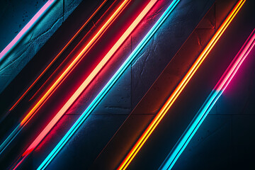Obraz premium Colorful neon lines creating a dynamic pattern against a sleek black background, showcasing modern and vibrant design.