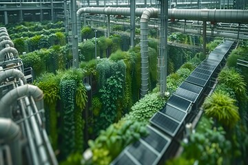 Sustainable Future Concept: Urban Vertical Farming Featuring Solar Panels in a Modern Indoor Facility