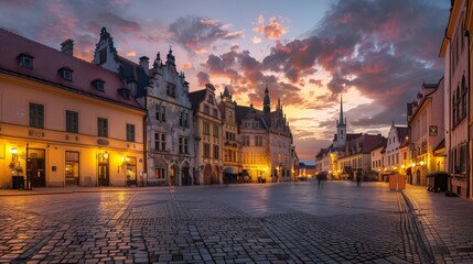Naklejka premium A preserved old town square with cobblestone streets and medieval buildings glows warmly at golden hour.