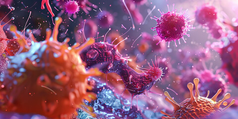 Immune response to a virus microscopic view of cells fighting and control.