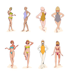 Female silhouettes set. Beautiful young girls with different poses isolated. Collection of young attractive women in beachwear.