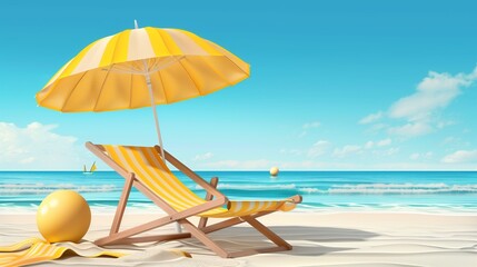 3d Vector Beach Chair, Yellow Umbrella and Ball, Summer holiday, Time to travel concept. Eps 10 Vector.