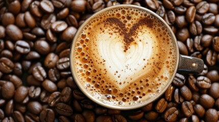 Fototapeta premium A close-up shot of a frothy cappuccino topped with a beautiful heart-shaped latte art, surrounded by coffee beans