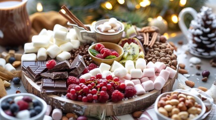 A festive hot cocoa charcuterie board with various chocolates, fruits, nuts, and marshmallows, perfect for a holiday gathering